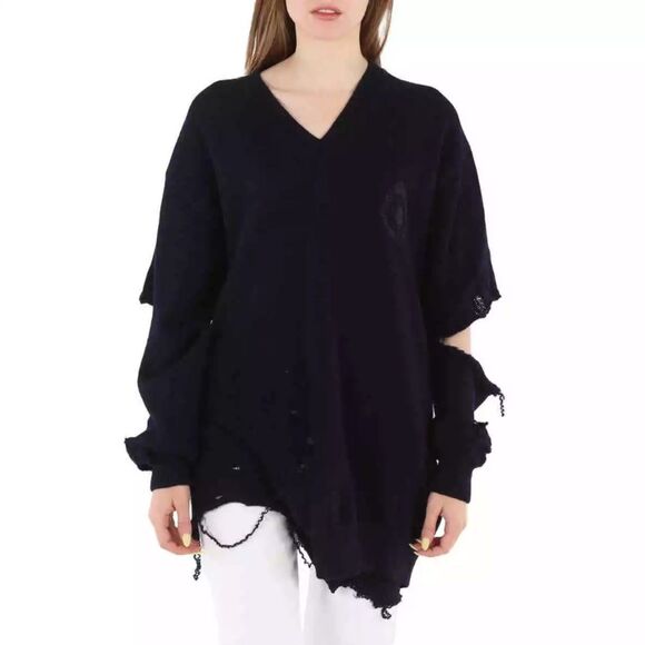 Balenciaga Navy Blue Cut-Out Crewneck Distressed Jumper Destroyed Sweater Size 1 - Picture 1 of 8